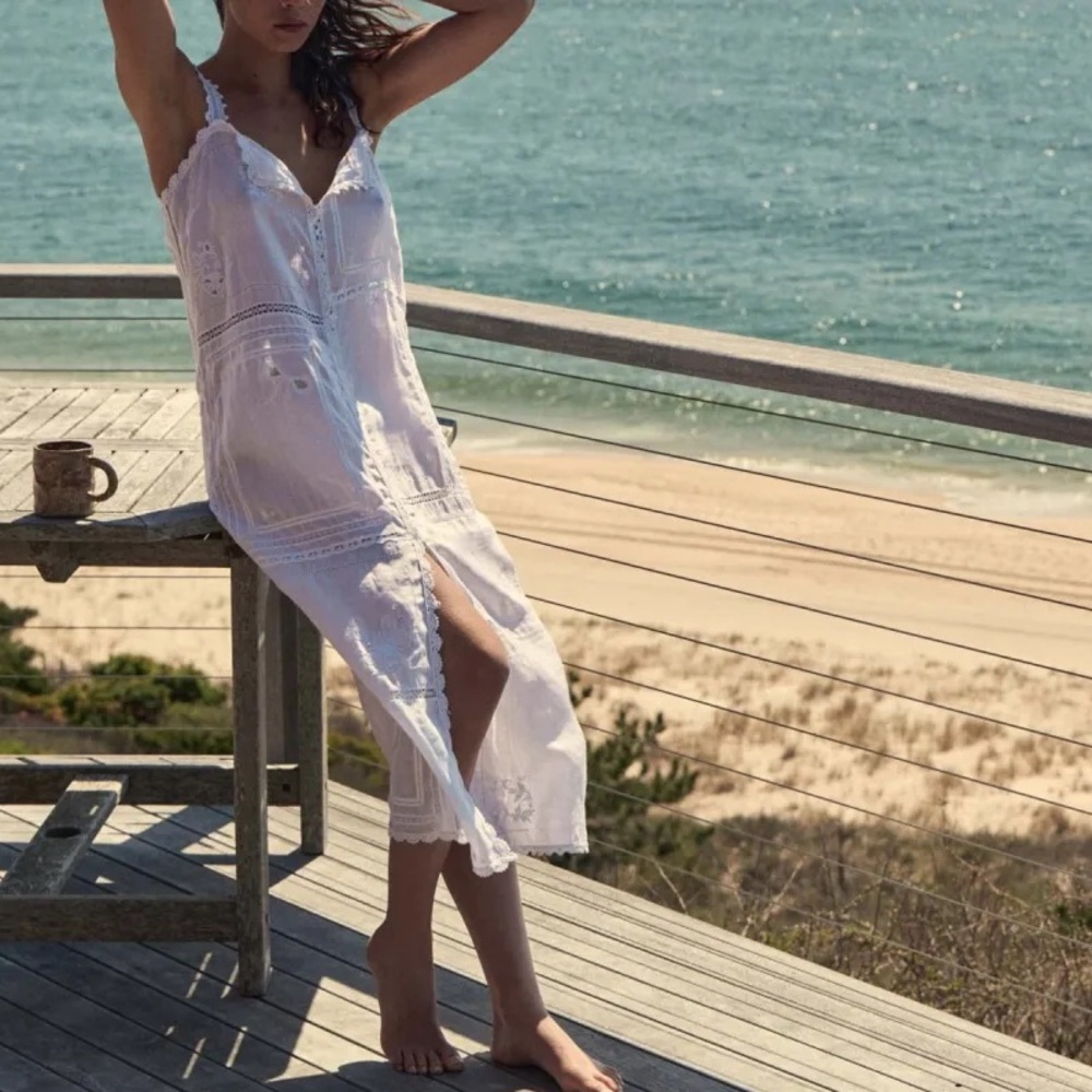 DÔEN Handkerchief Dress Long White Cotton Napkin Doily Lace Patchwork Heirloom